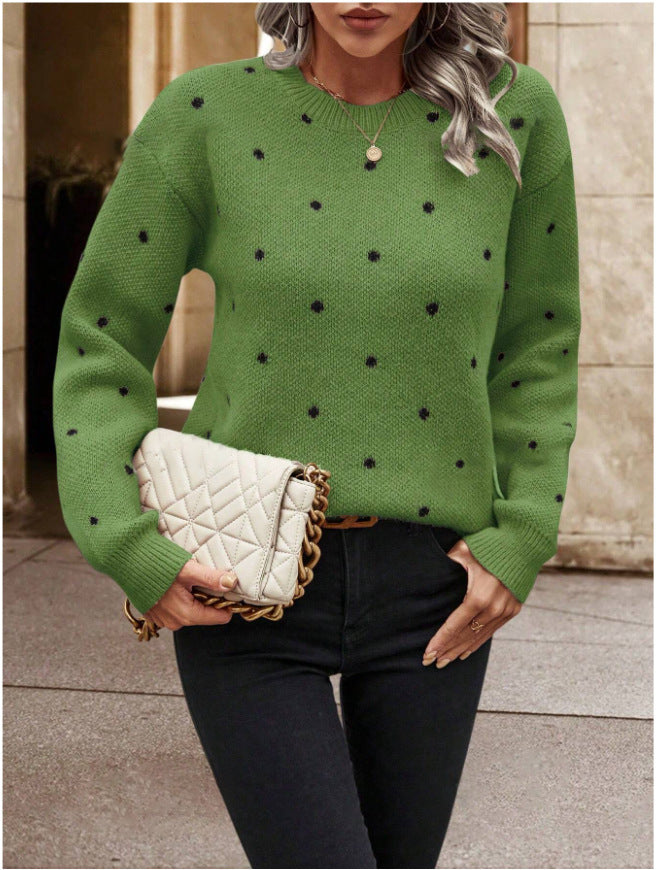 Women's Pullover Sweater Polka Dot Print Knitwear womens top Distinguished Fine Apparel Green S