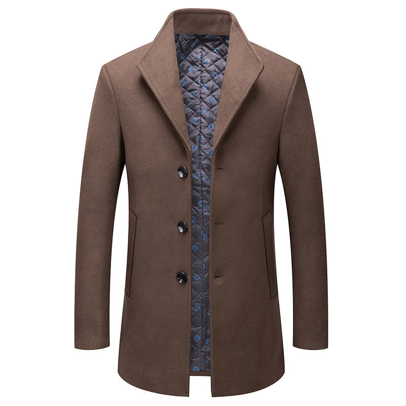 Stand-collar Cotton-lined Wrinkle-resistant Mid-length Wool Coat mens coat Distinguished Fine Apparel