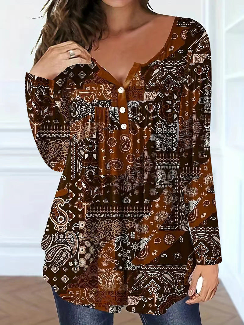 Loose-fit Buttoned V-neck Womens shirt womens shirt Distinguished Fine Apparel Dark Brown 1XL