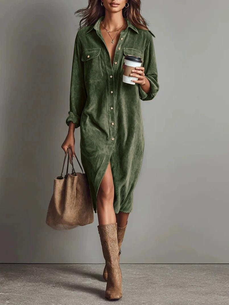 Ladies Sophisticated Long Collard Button Up Dress womens dress Distinguished Fine Apparel Green S