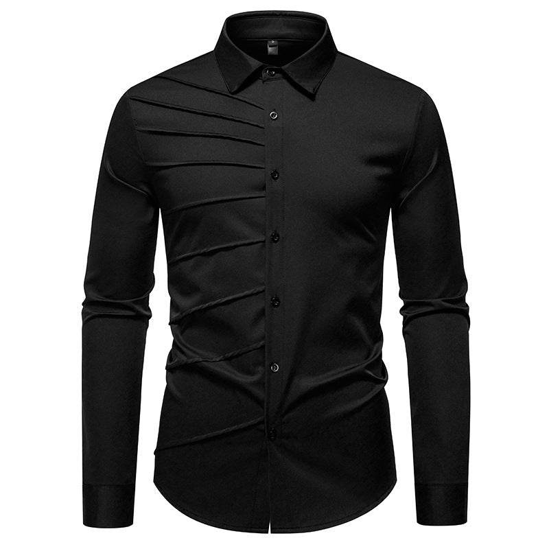 Men's Pleated Design Casual Long sleeved Shirt mens shirt Distinguished Fine Apparel Black S