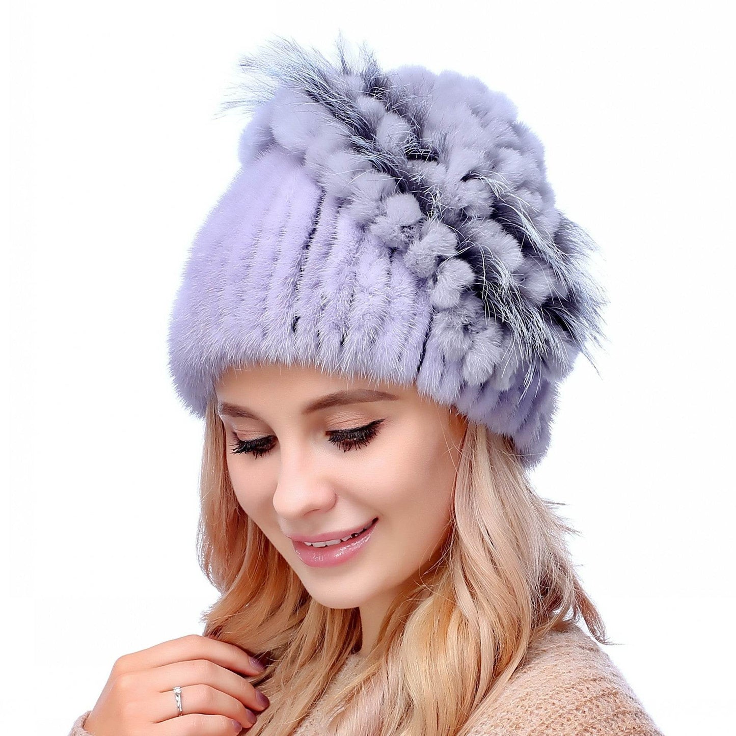 Women's Autumn And Winter Mink Woven Fox Fur Hat womens hats Distinguished Fine Apparel Sapphire Blue Adjustable