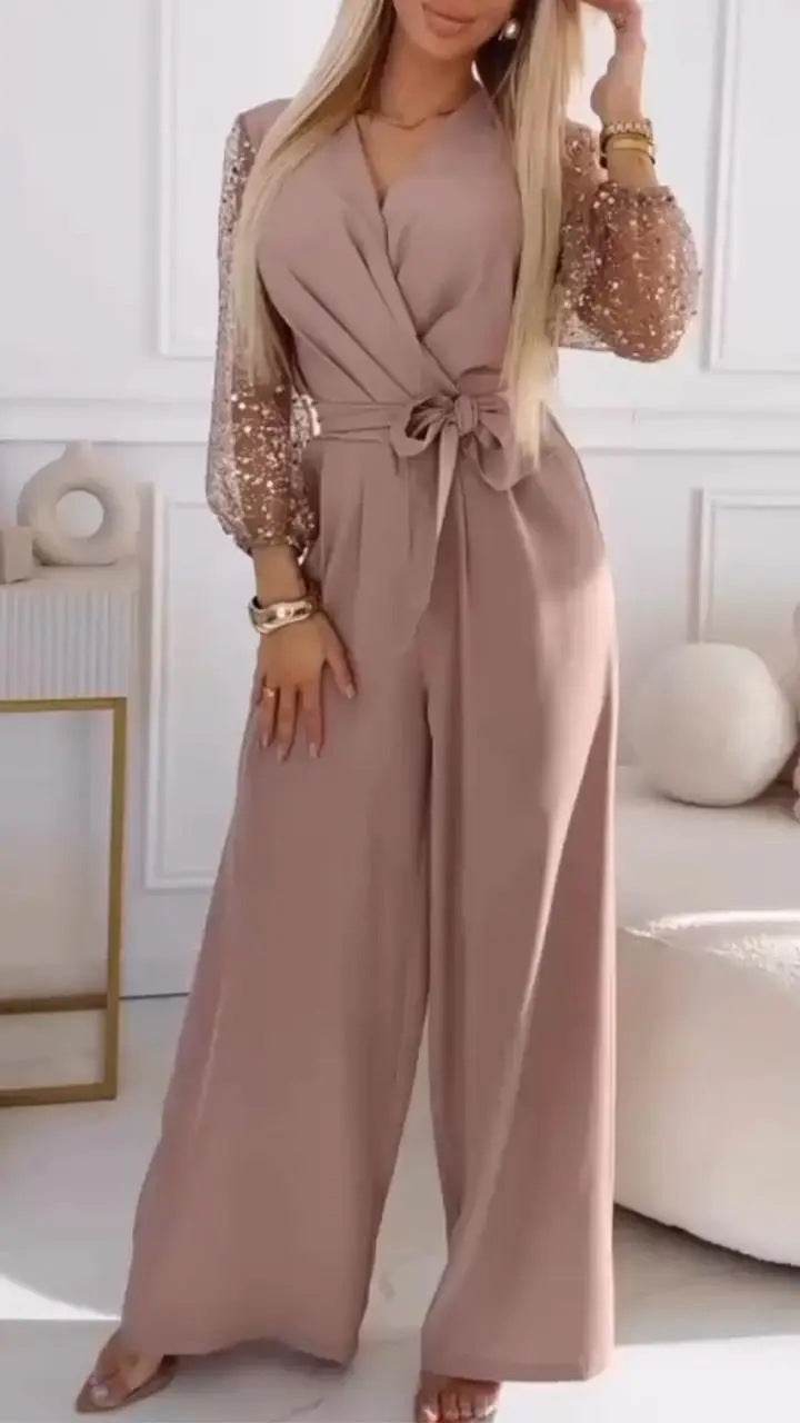 Sequined Top Wide Leg Pants Casual Suit for Women's Elegant Look ladys suit Distinguished Fine Apparel Cameo Brown L
