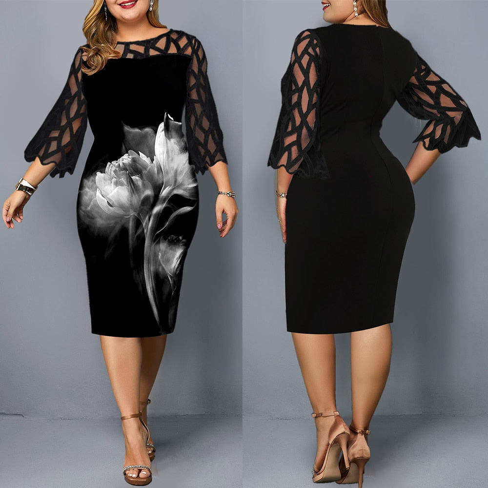 Women's plus size rose print dress ladys dresses Distinguished Fine Apparel Black L