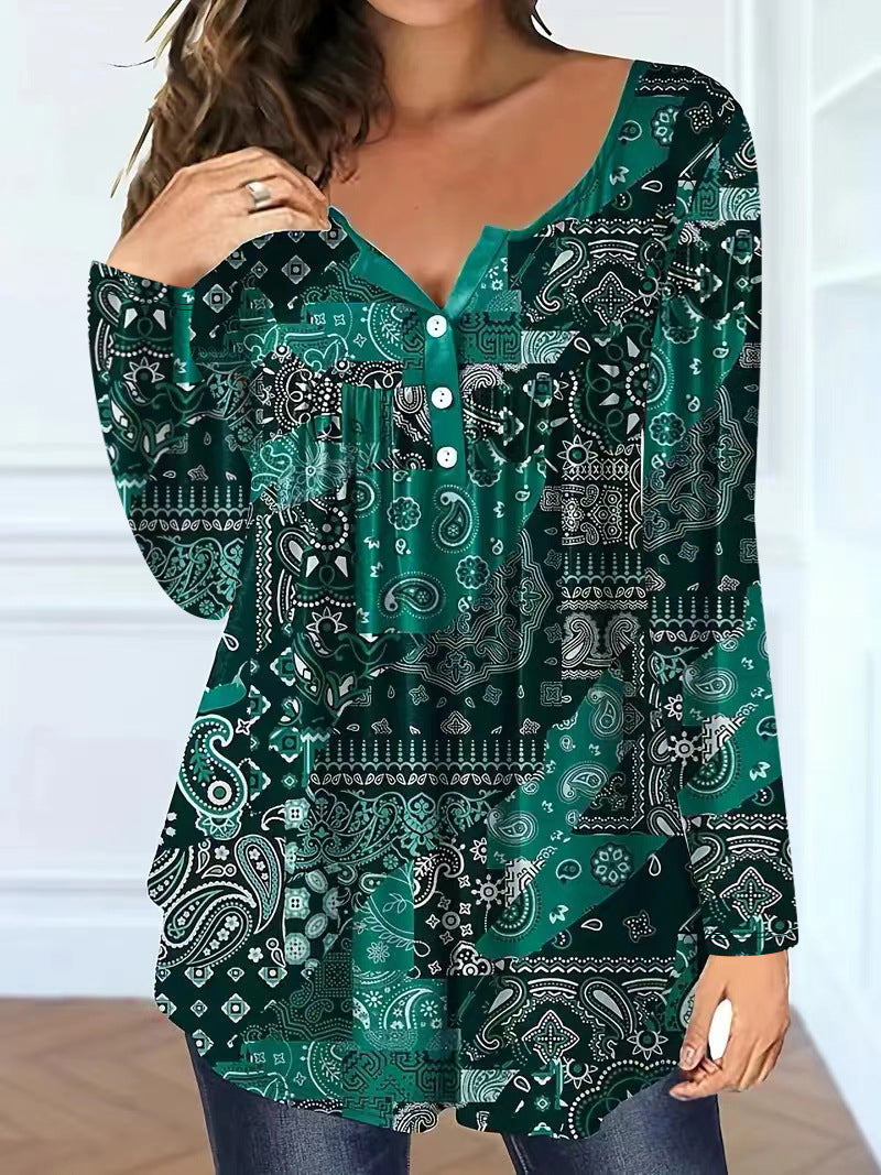 Loose-fit Buttoned V-neck Womens shirt womens shirt Distinguished Fine Apparel Dark Green 1XL