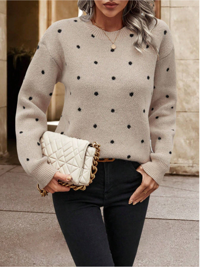 Women's Pullover Sweater Polka Dot Print Knitwear womens top Distinguished Fine Apparel Khaki S