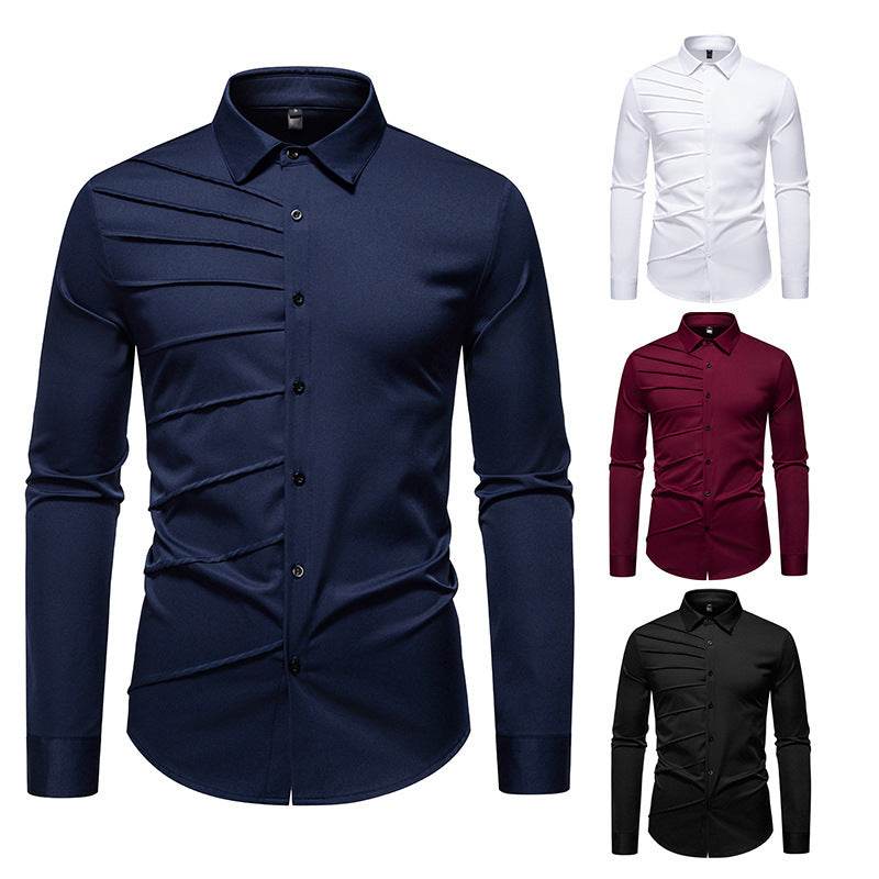 Men's Pleated Design Casual Long sleeved Shirt mens shirt Distinguished Fine Apparel