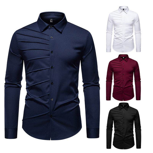 Men's Pleated Design Casual Long sleeved Shirt mens shirt Distinguished Fine Apparel