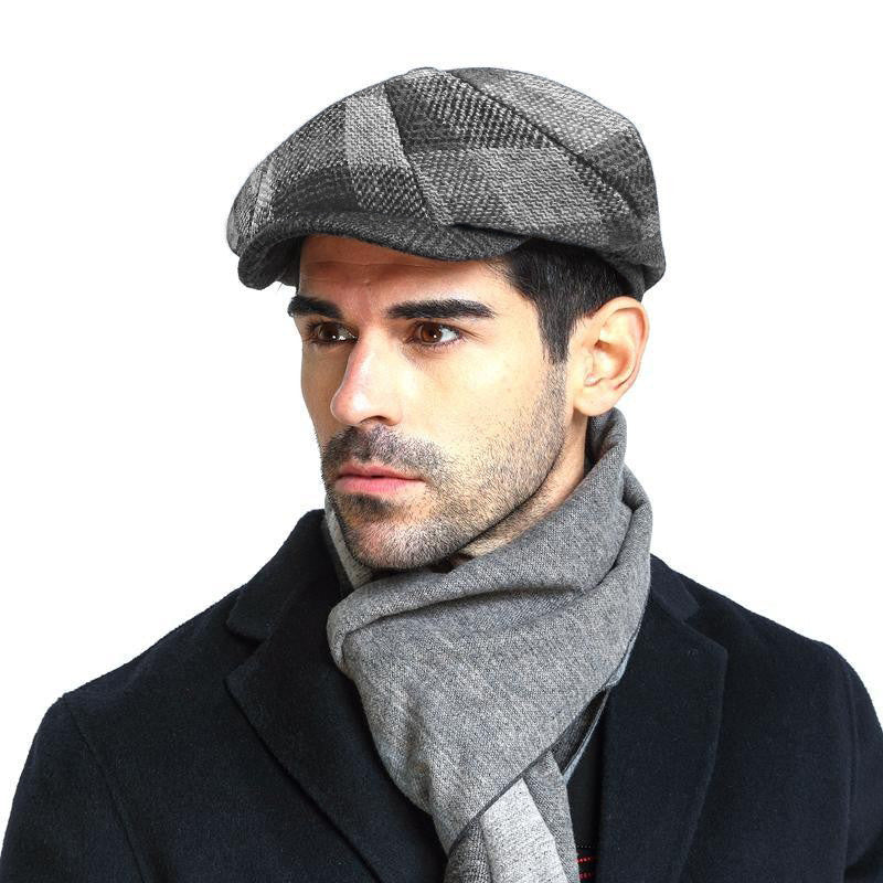 European And American Style Pattern Octagonal Cap mens hats Distinguished Fine Apparel Medium Gray Plaid M L