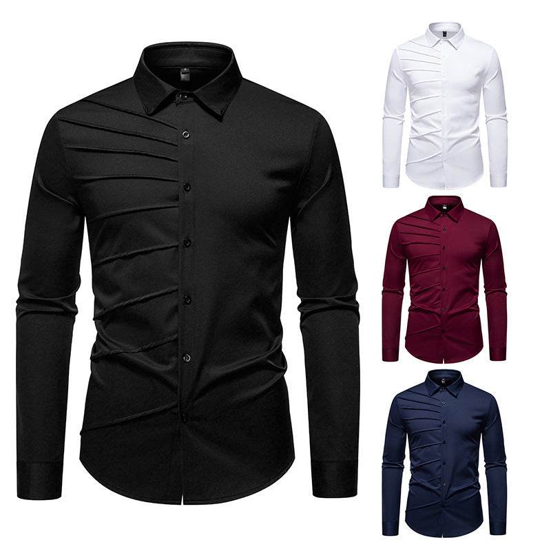 Men's Pleated Design Casual Long sleeved Shirt mens shirt Distinguished Fine Apparel