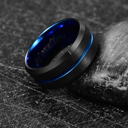 Men's Ring 4-10MM Black Mediumblue Middle Slot Tungsten Steel Jewelry gents ring Distinguished Fine Apparel
