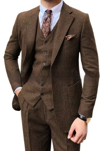 Men's Herringbone Single-breasted Casual Slim Suit mens suit Distinguished Fine Apparel Dark Brown 2XS