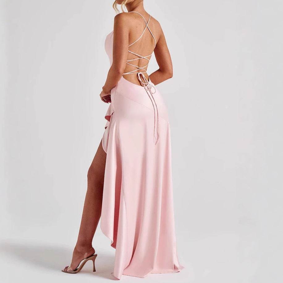 Women's Backless Ruffles Dress - Split Suspender Maxi Dresses - Evening Party Wear ladys dresses Distinguished Fine Apparel