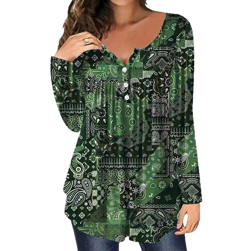 Loose-fit Buttoned V-neck Womens shirt womens shirt Distinguished Fine Apparel