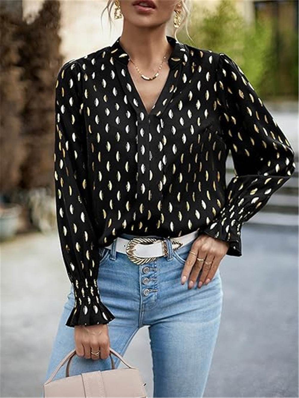Ladies Bubble Long Sleeve Bronzing Blouse ladys shirt Distinguished Fine Apparel Black L
