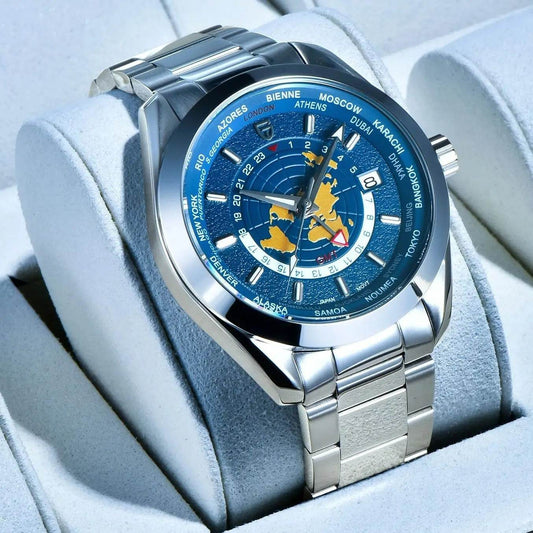 Men's Multifunctional Mechanical GMT Dual Time Zone Luminous Watrproof Watch gents watches Distinguished Fine Apparel