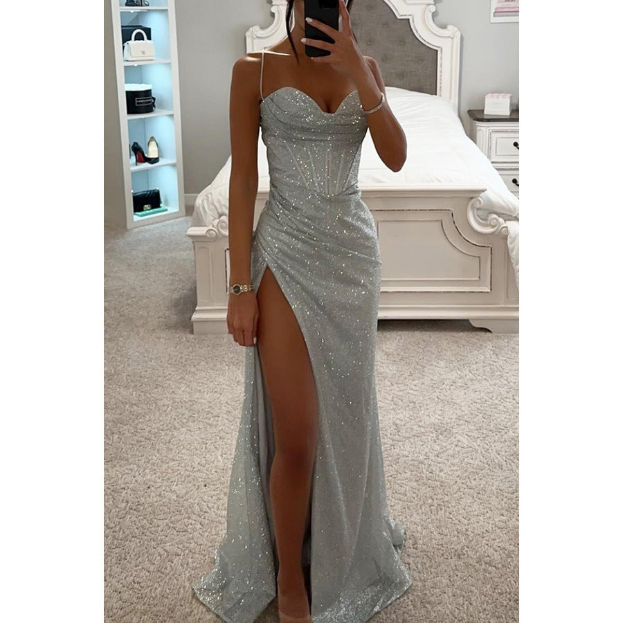 Women's Brilliant Beautiful Suspender Dress, Evening Gown, Women's dress Distinguished Fine Apparel Silver L