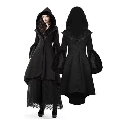 Black hooded coat with lace details on a white background