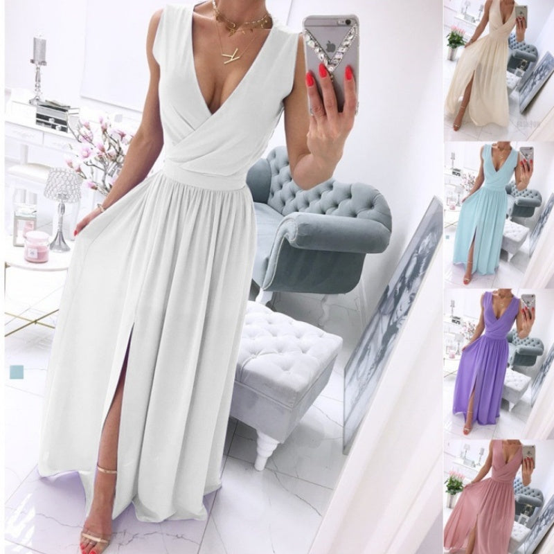 Women's Summer Sleeveless And Ankle Skirt - White - V-neck, Front Split, Long Dress ladys dresses Distinguished Fine Apparel