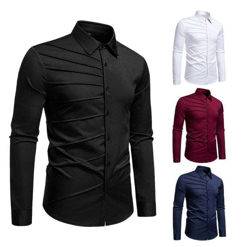 Men's Pleated Design Casual Long sleeved Shirt mens shirt Distinguished Fine Apparel