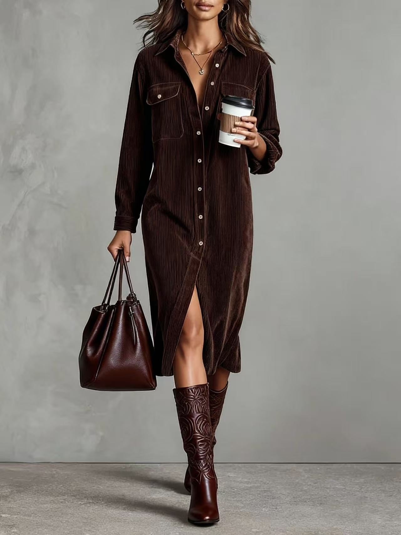 Ladies Sophisticated Long Collard Button Up Dress womens dress Distinguished Fine Apparel Coffee XS