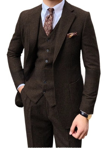 Men's Herringbone Single-breasted Casual Slim Suit mens suit Distinguished Fine Apparel Coffee 2XS