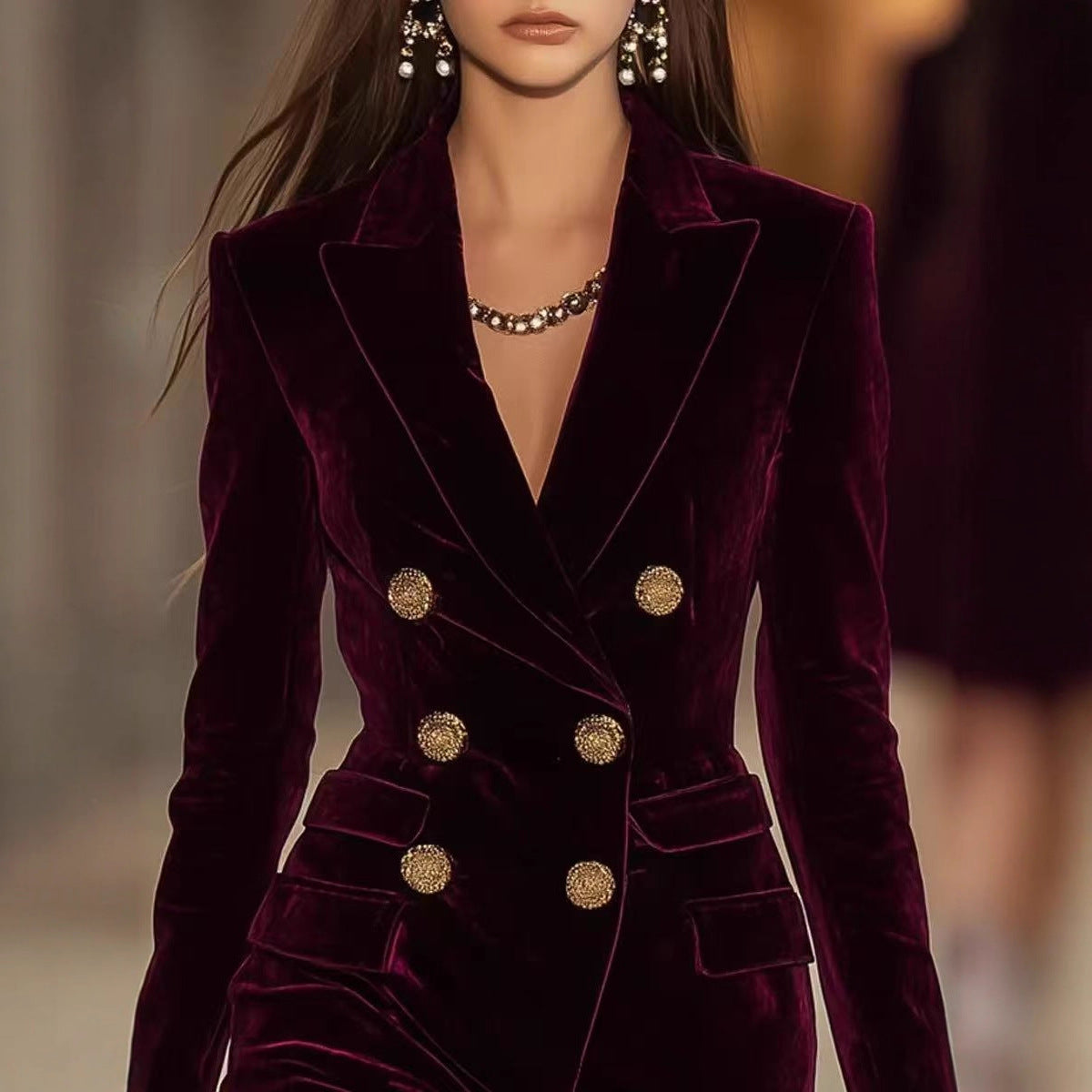 Close-up of a person wearing a burgundy velvet suit with gold buttons.