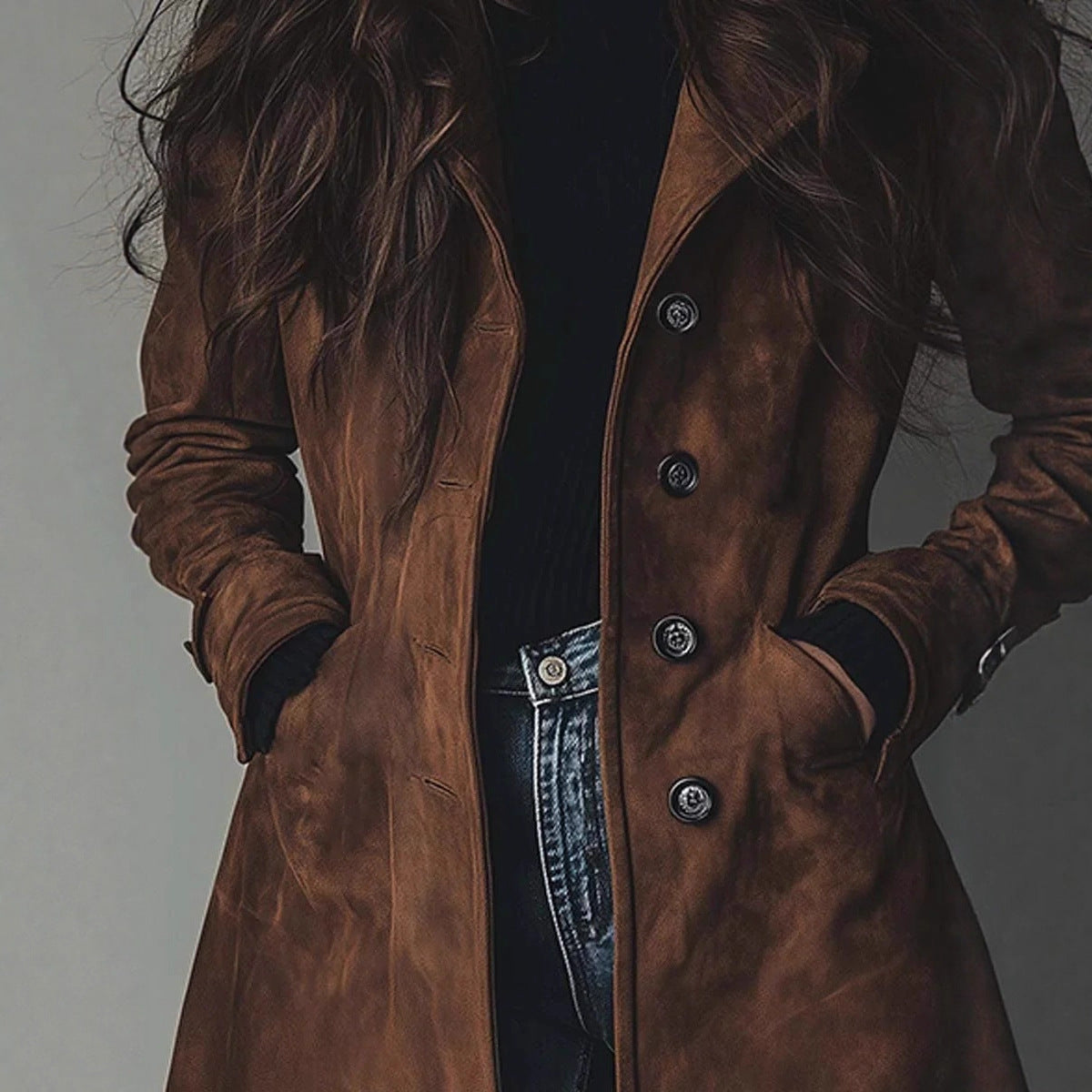 Brown leather coat with buttons on a plain background