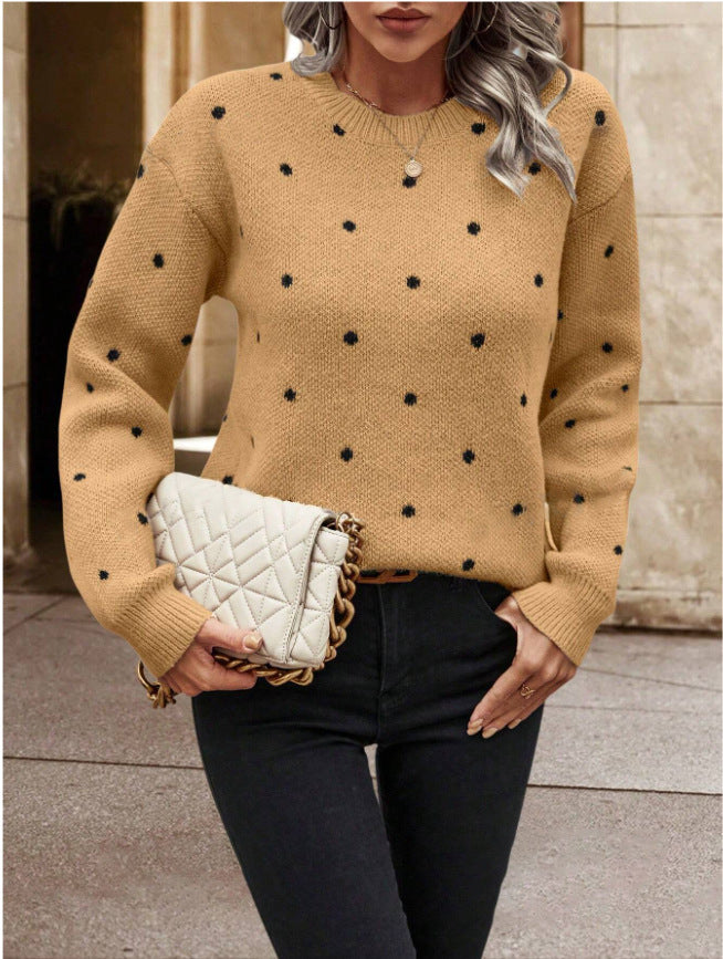 Women's Pullover Sweater Polka Dot Print Knitwear womens top Distinguished Fine Apparel Camel S