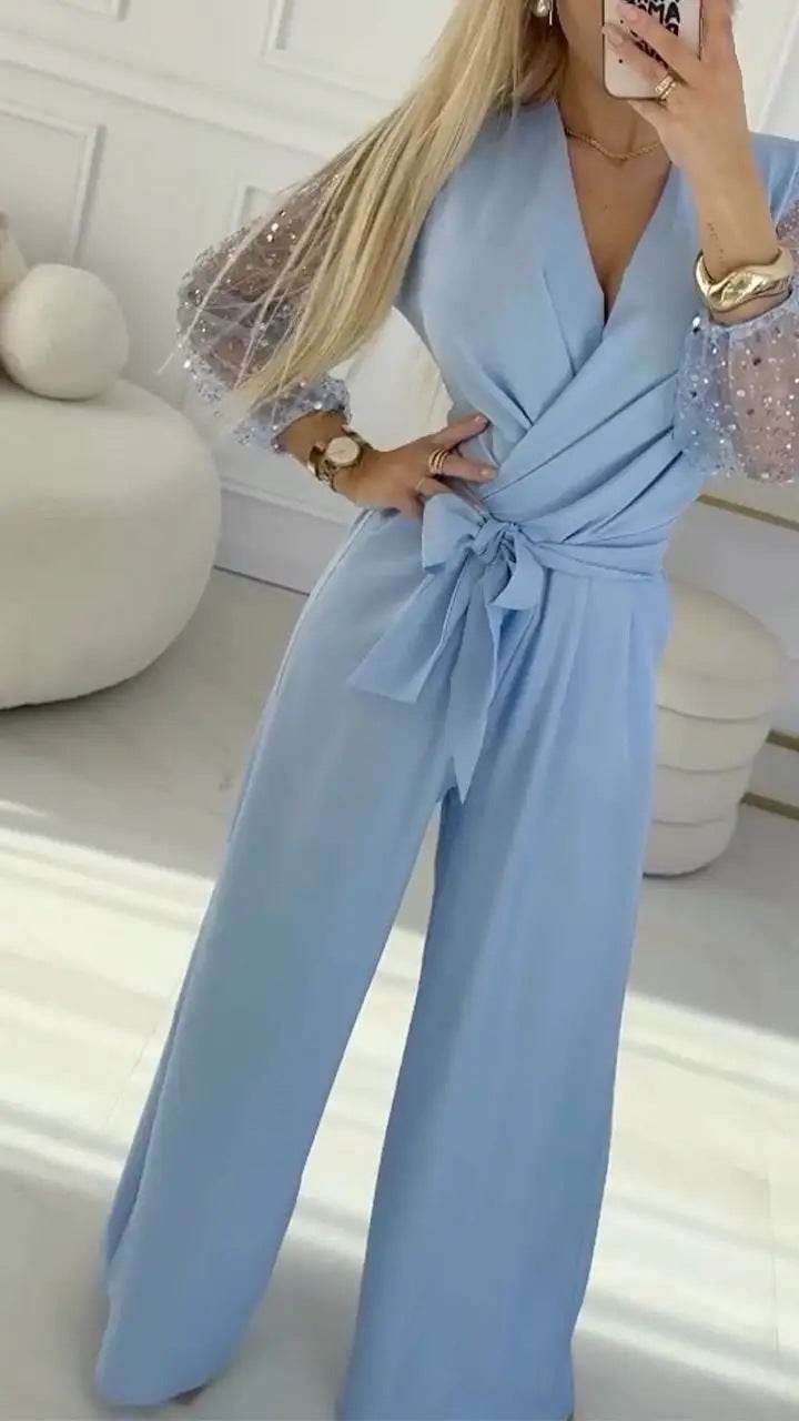 Sequined Top Wide Leg Pants Casual Suit for Women's Elegant Look ladys suit Distinguished Fine Apparel Blue L