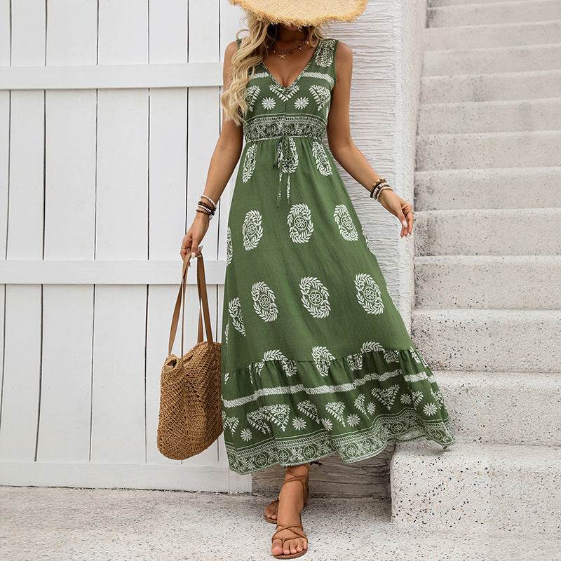 Holiday Printed Green Ethnic Style Casual V-neck High Waist Dress For Women ladys dresses Distinguished Fine Apparel Green L