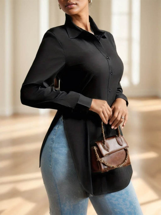 Elegant Ladies Sheer V-Drop Split Button Shirt - Distinguished and Tasteful ladys shirt Distinguished Fine Apparel