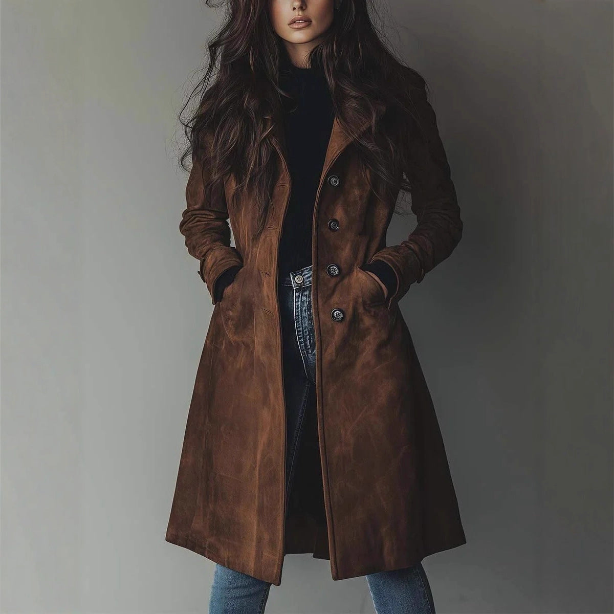 Woman wearing a brown leather coat against a plain background
