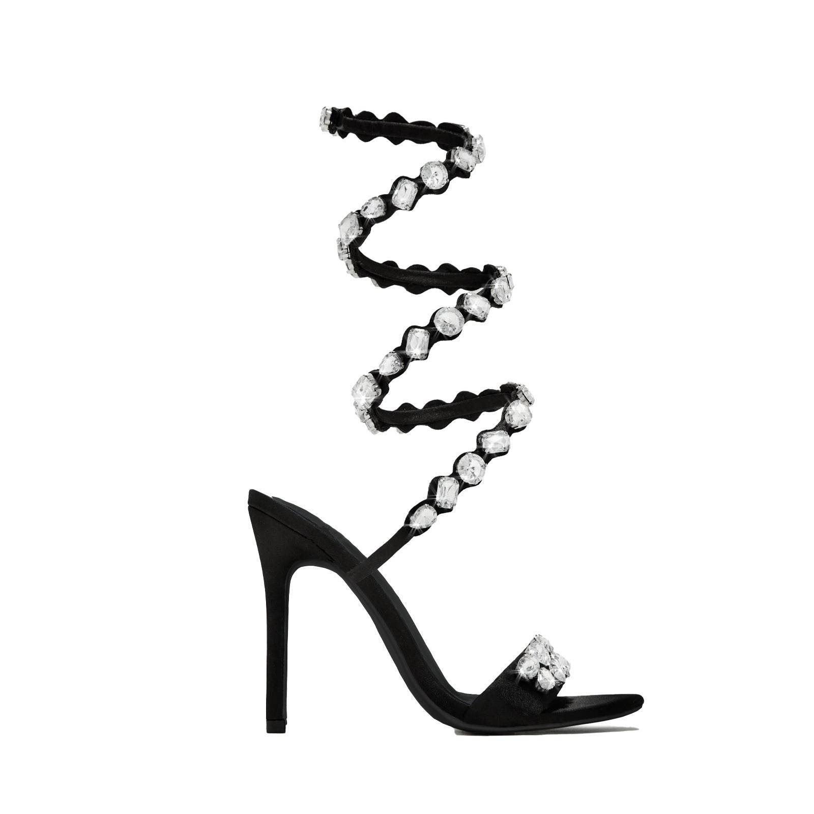 Black & Gold Satin Rhinestone Stiletto Sandals – 11cm Summer Rivet Heels ladys foot wear Distinguished Fine Apparel Black 01 37