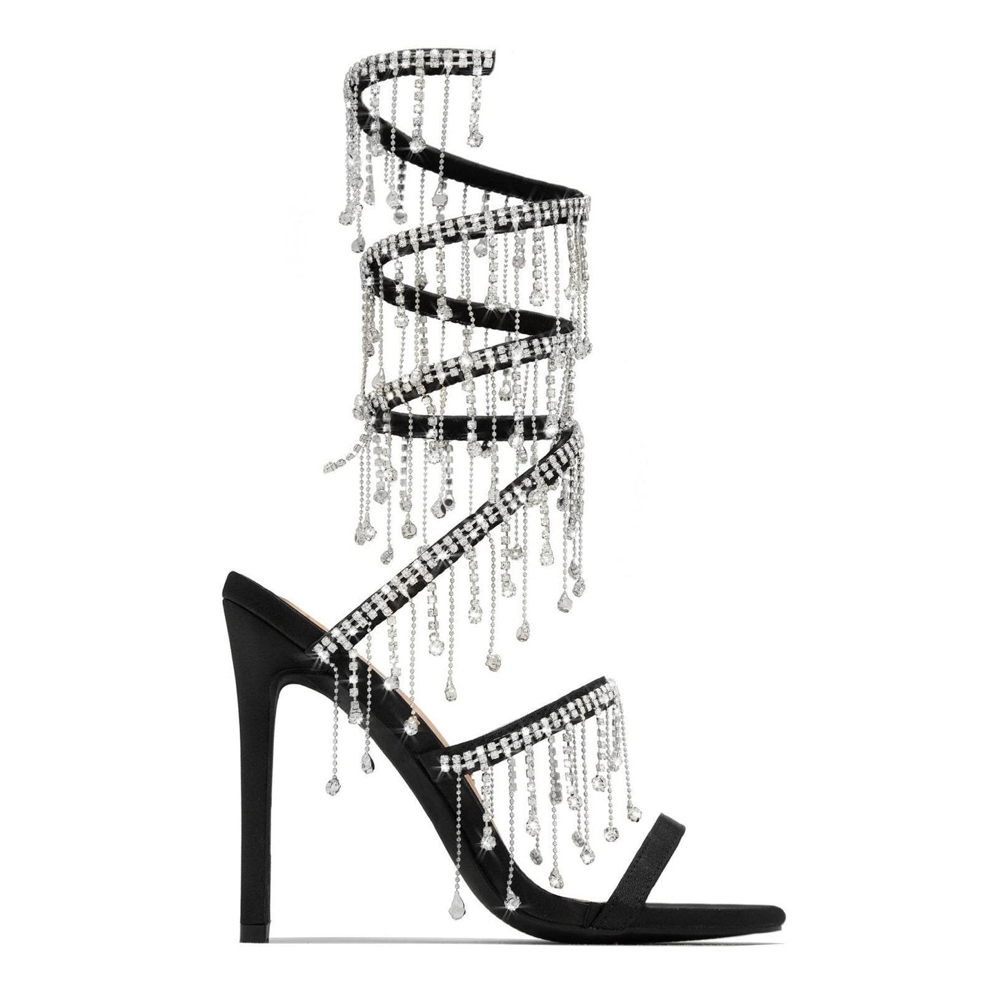 Black & Gold Satin Rhinestone Stiletto Sandals – 11cm Summer Rivet Heels ladys foot wear Distinguished Fine Apparel Black 02 37