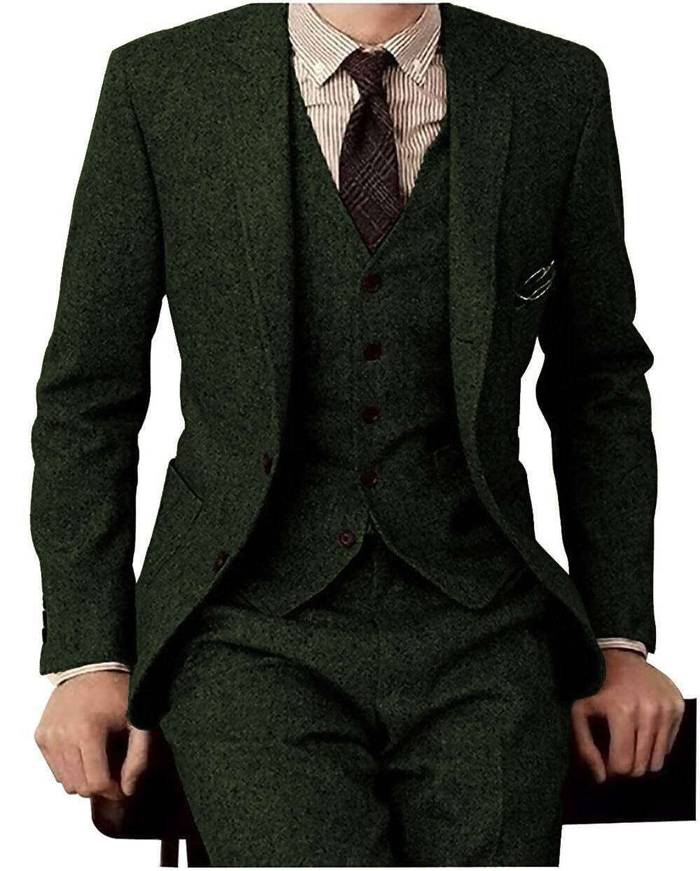 Distinguished Men's Wool Three-piece Suit gents suit Distinguished Fine Apparel Army Green XXS