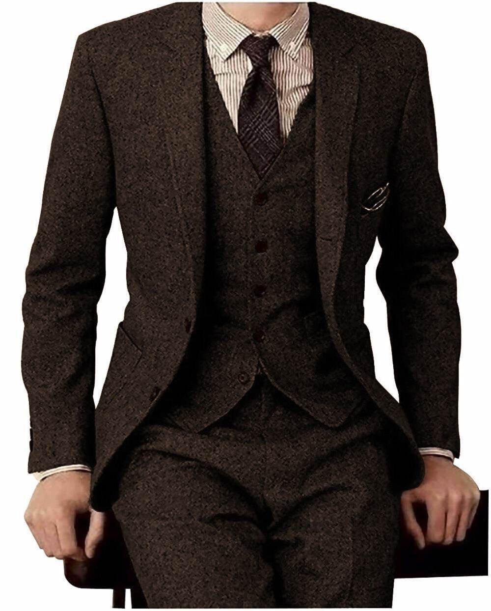 Distinguished Men's Wool Three-piece Suit gents suit Distinguished Fine Apparel Coffee XXS