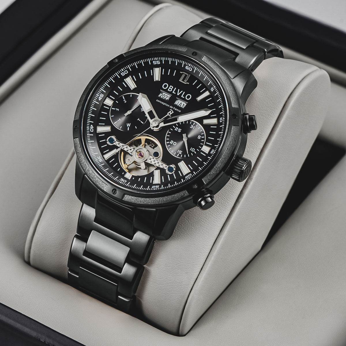 Gentlemen's Multi-functional Hollowed Timepiece gents watches Distinguished Fine Apparel Steel Black