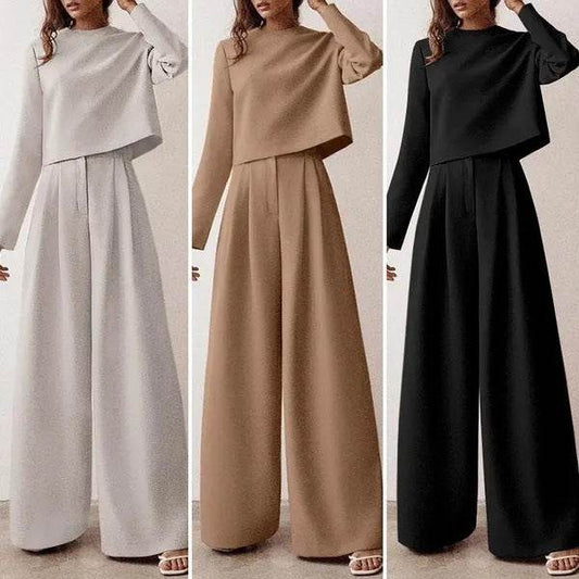 Women's Loose-fitting Casual Two-piece Suit - Wide Leg Pants ladys pants Distinguished Fine Apparel