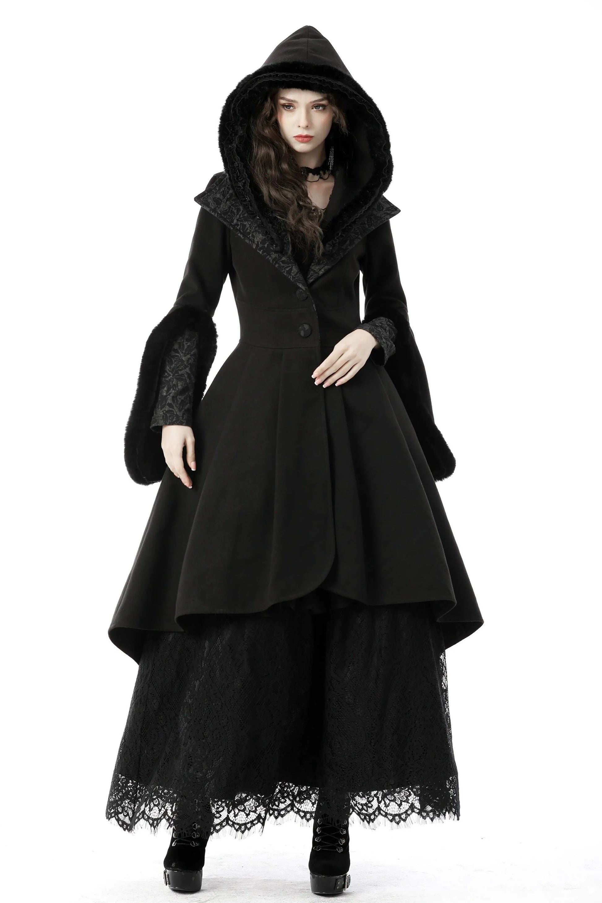 Black gothic coat with lace details on a white background