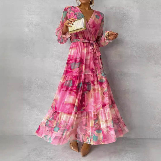 Ladies Floral Print Dress - Elegant Pleated Chiffon Maxi Gown dresses Distinguished Fine Apparel