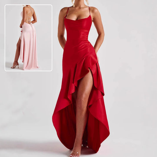 Women's Backless Ruffles Dress - Split Suspender Maxi Dresses - Evening Party Wear ladys dresses Distinguished Fine Apparel