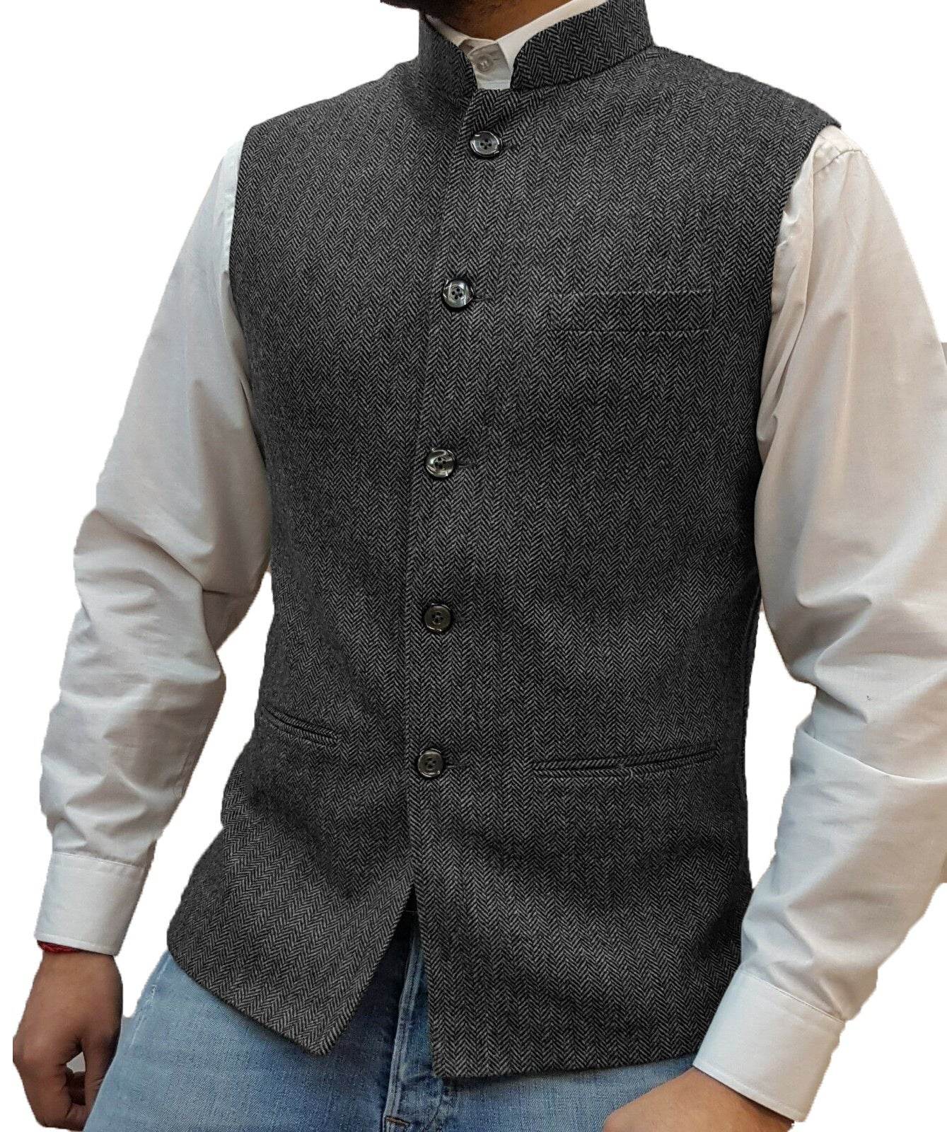 Zhongshan Collar Herringbone Pattern Gentlemen's Vest - Casual or Semi Formal mens vest Distinguished Fine Apparel Dark Gray M