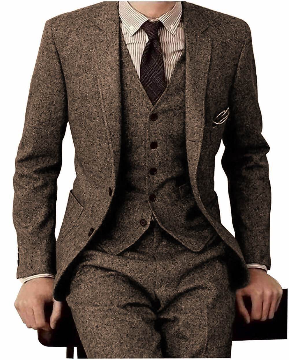 Distinguished Men's Wool Three-piece Suit gents suit Distinguished Fine Apparel Brown XXS