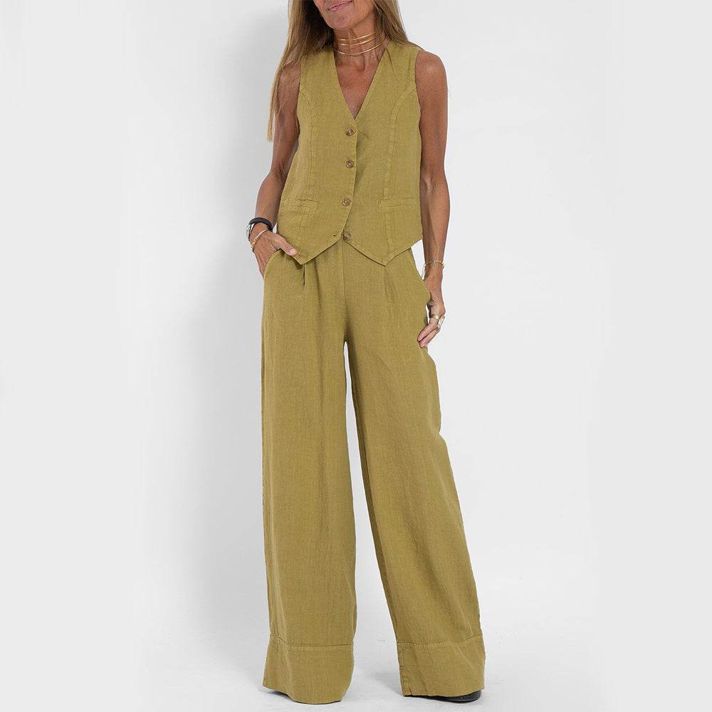 Ladies Summer Suit V-neck Sleeveless Top And Loose Trousers Casual Distinction ladys suit Distinguished Fine Apparel Grayish Green L
