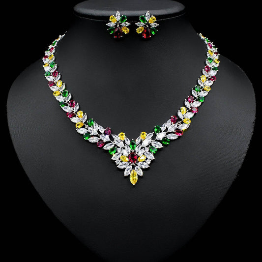 Fashion Ice Flower Earrings & Zircon Necklace Set – Sparkling Beauty with a Frosted Touch jewelry set Distinguished Fine Apparel