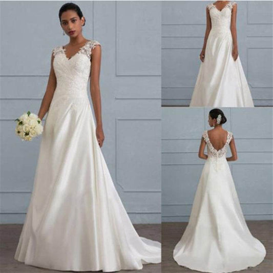 Autumn, white lace dress, European wedding bridesmaid, backless low collar long dress brides maid Distinguished Fine Apparel