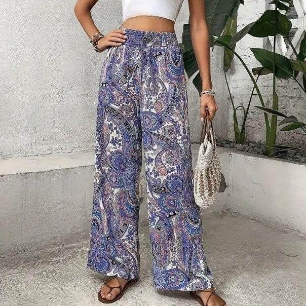 Bohemian Paisley Printed Wide leg Pants ladys pants Distinguished Fine Apparel Blue Pattern S