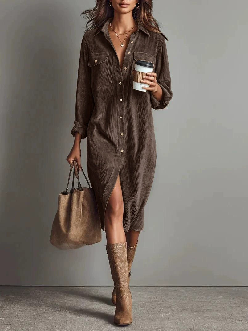 Ladies Sophisticated Long Collard Button Up Dress womens dress Distinguished Fine Apparel Coffee A S