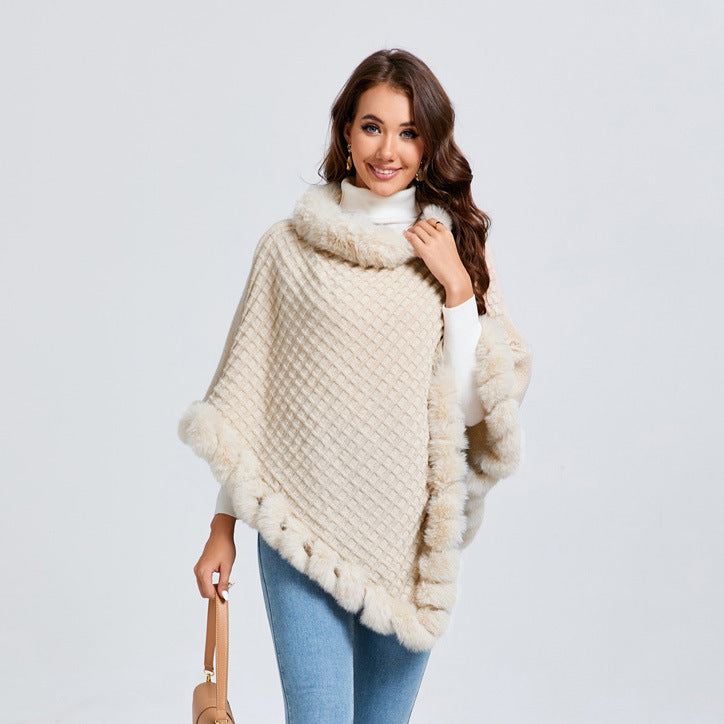 Women's Shawl Cape Luxury Rabbit Fur Collar - Graceful Cloak Outerwear lady's shawl Distinguished Fine Apparel